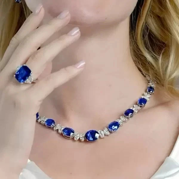 32Ctw Oval Cut Lab Created Blue Sapphire Women’s Necklace 14K Wh Gold Plated 18″