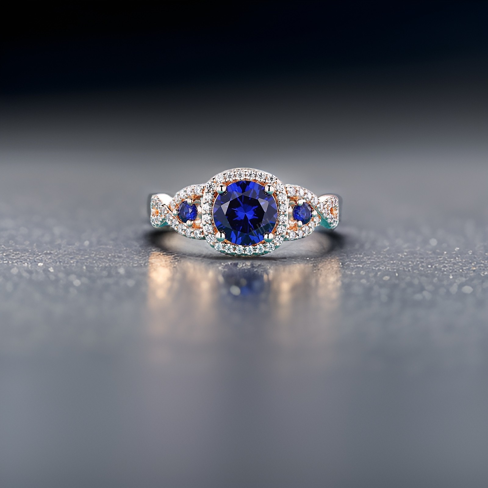 925 Sterling Silver Natural Blue Sapphire Gemstone with CZ Halo Ring