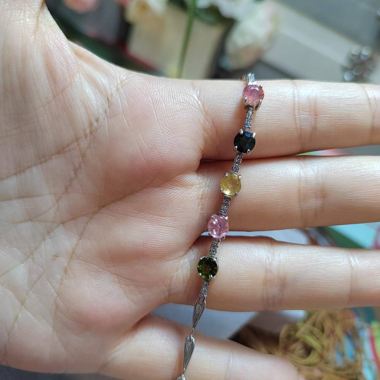 Beautiful 4 Colors Tourmaline Beads with Zircon Accents S925 Silver Bracelet