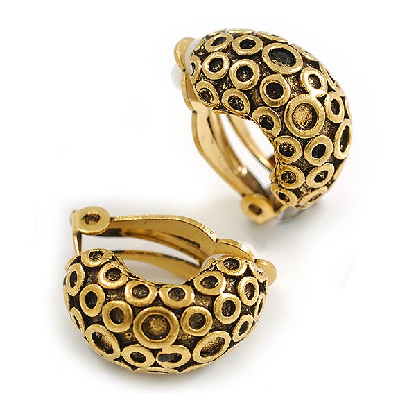 C Shape Pattern Clip On Earrings In Aged Gold Tone – 20mm L