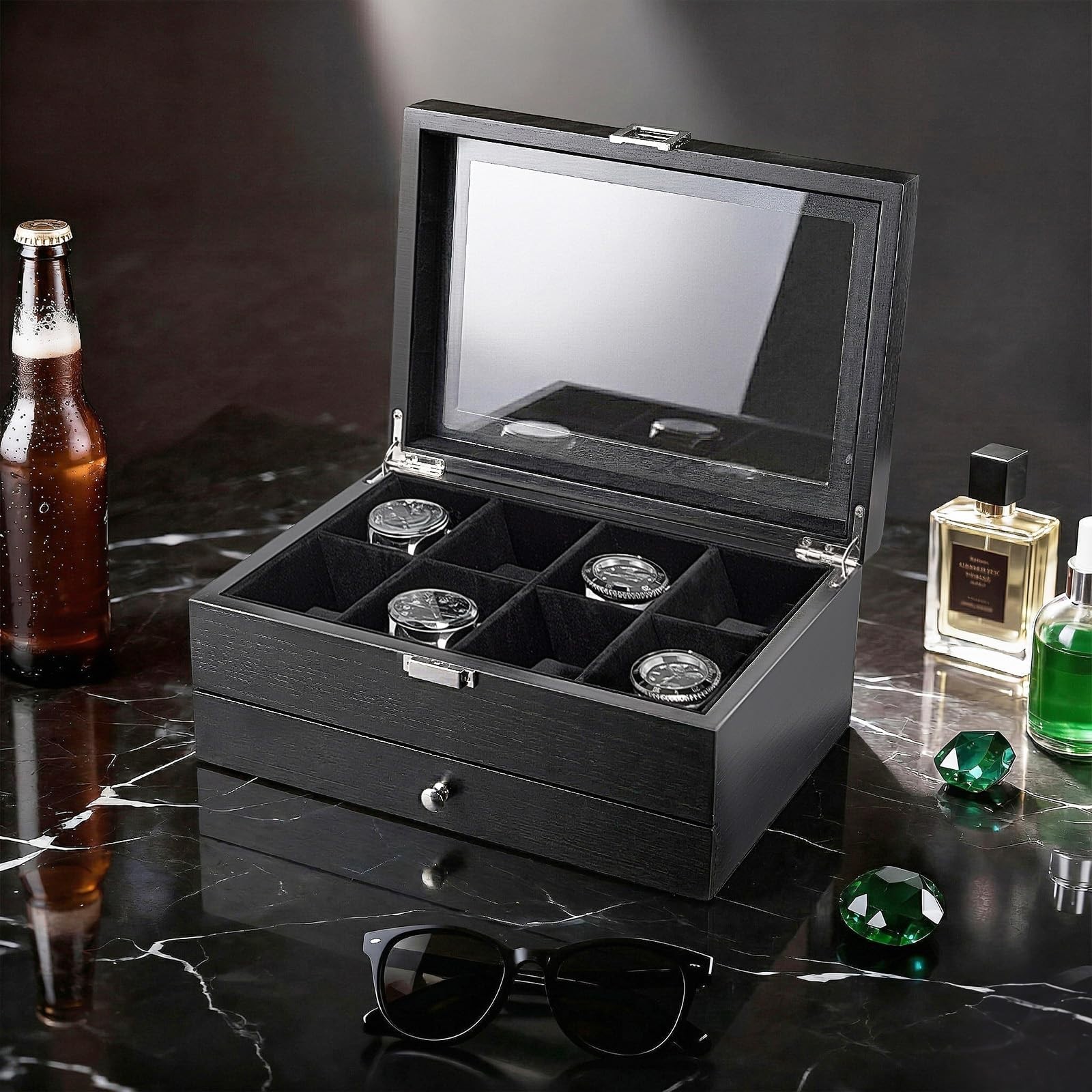 8-Slot Wooden Watch Box with Drawer, 2-Layer Jewelry Organizer, Gift for Men & W