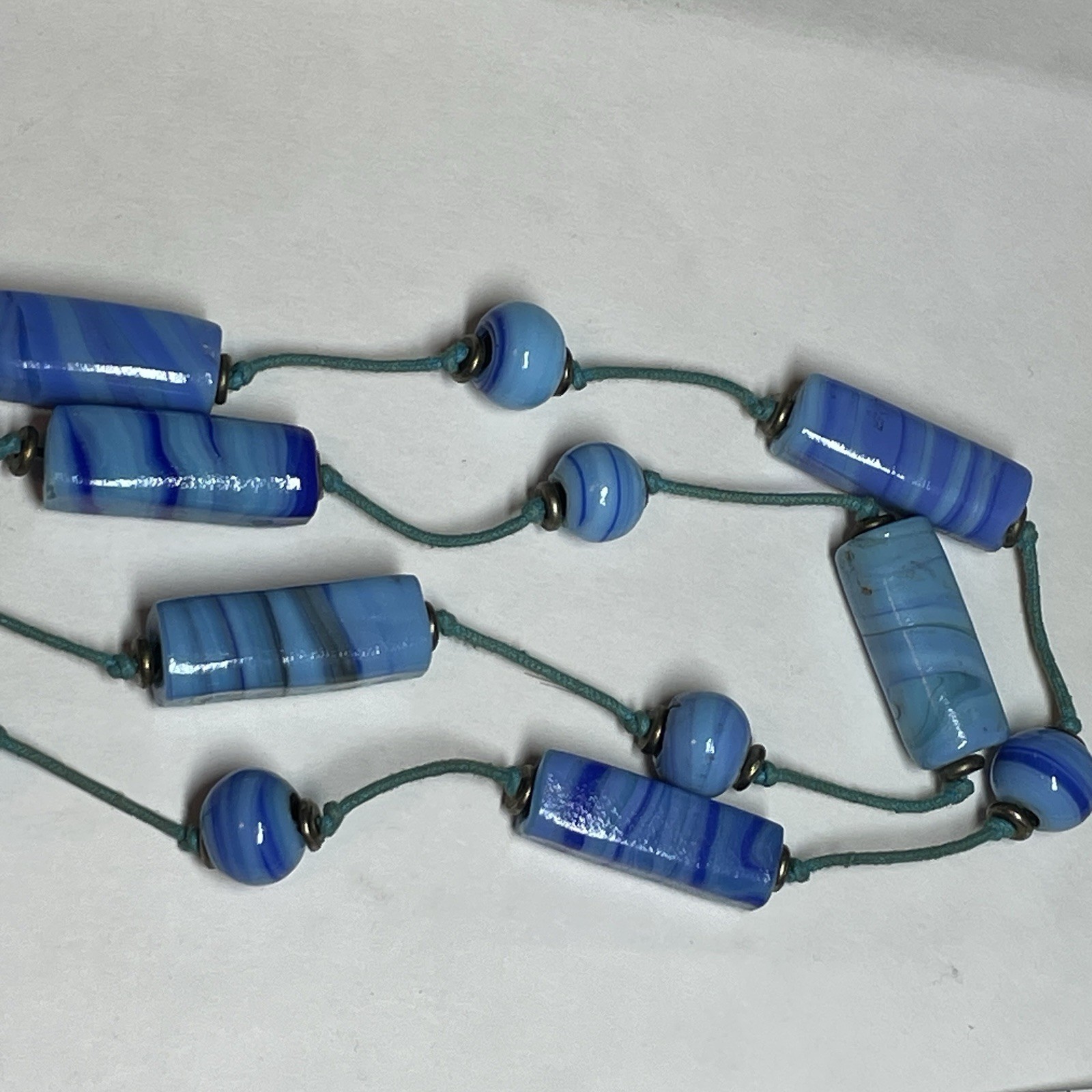 Vintage Handmade Artisan Light Blue & Navy Glass Bead Necklace – Approx 20″
