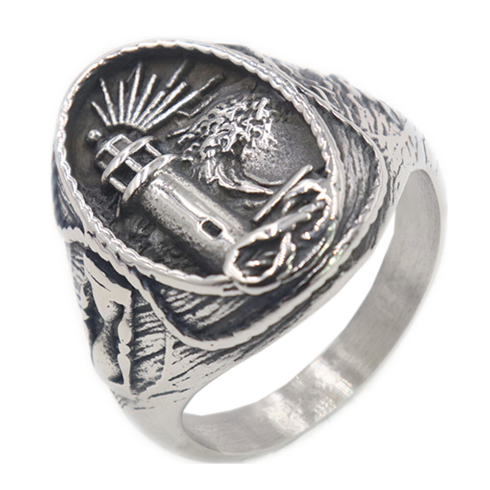 Stainless Steel Rings Mens Rings Lighthouse Ring Punk Vintage Silver Ocean theme
