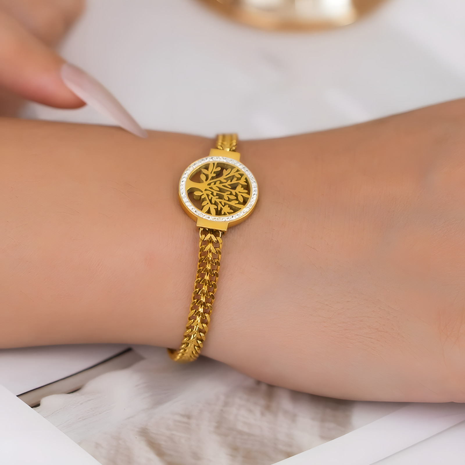 Gold Plated Stainless Steel Tree of Life Bracelet-Adjustable Mood Tracker 1141