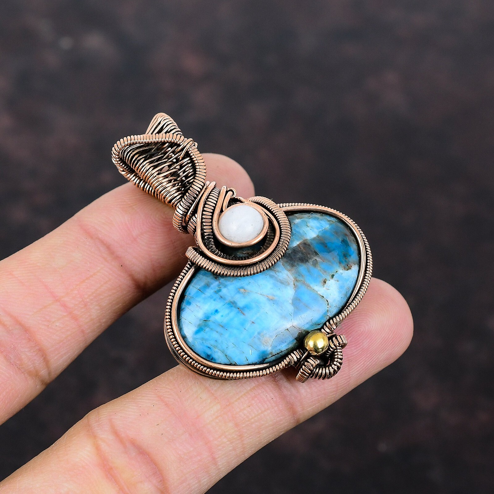 Anniversary Gift For Her Neon Apatite Wire Wrapped Pendant Copper Jewelry 2.13″