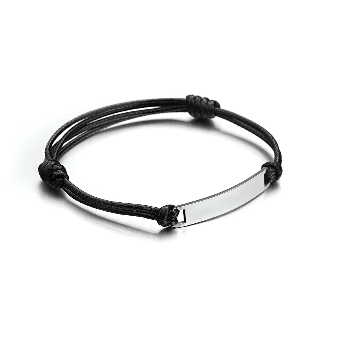 Personalized Engraved Bar Bracelet Adjustable Wax Cord Stainless Steel Unisex