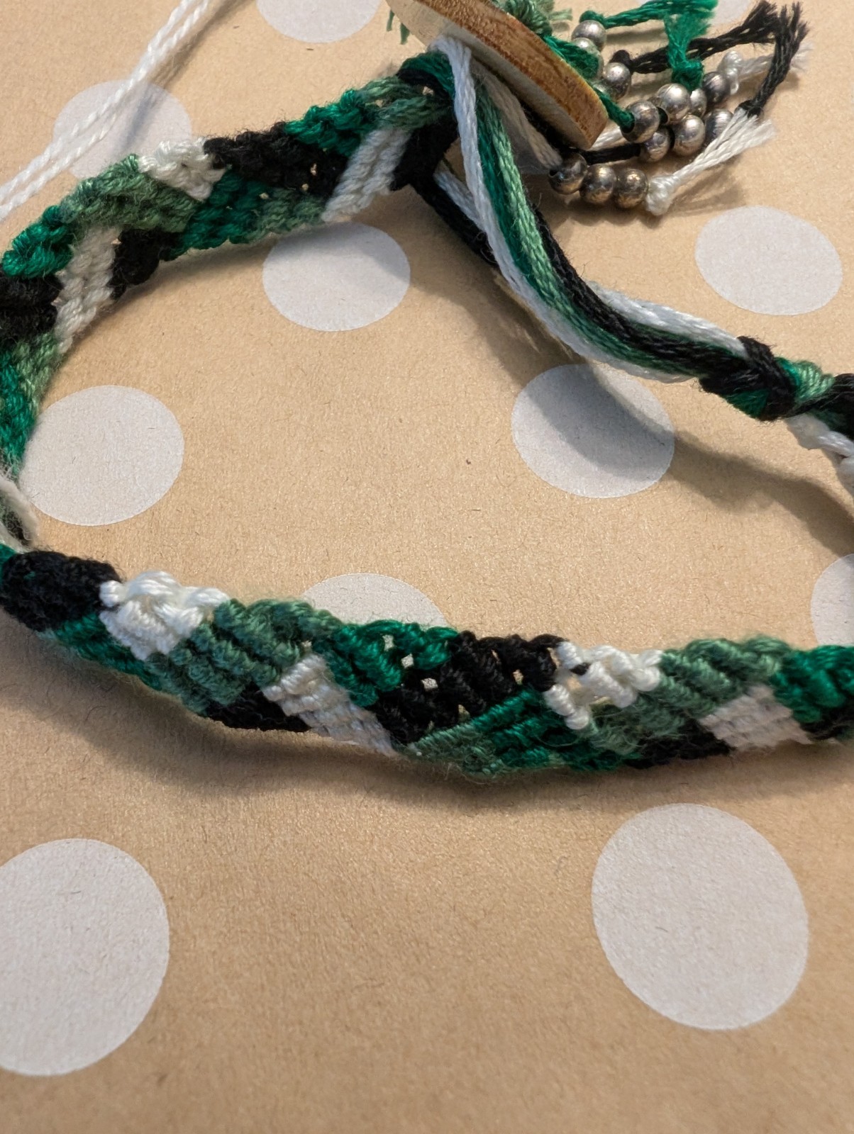 Handmade Friendship Bracelet Green Black White Woven Beaded Boho Bracelet