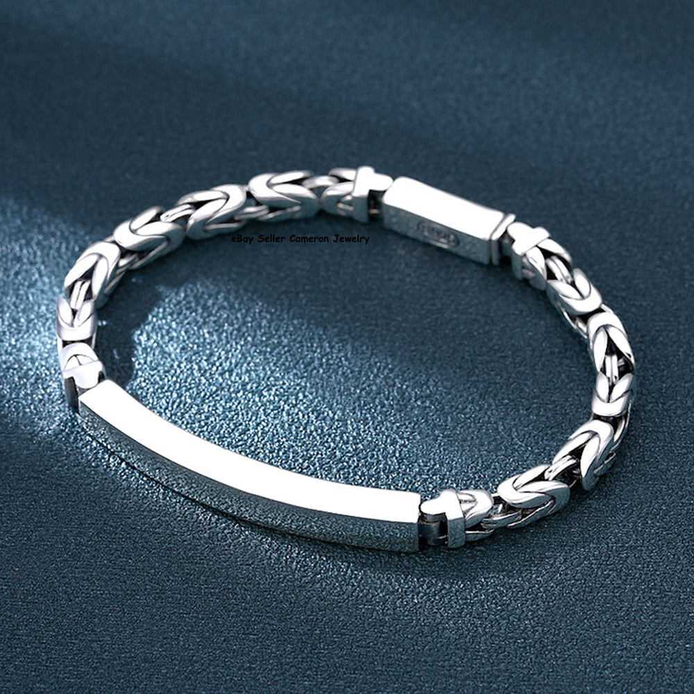 Solid S925 Sterling Silver Bracelet 4mm Byzantine ID Link Chain 7.1-7.9inch L