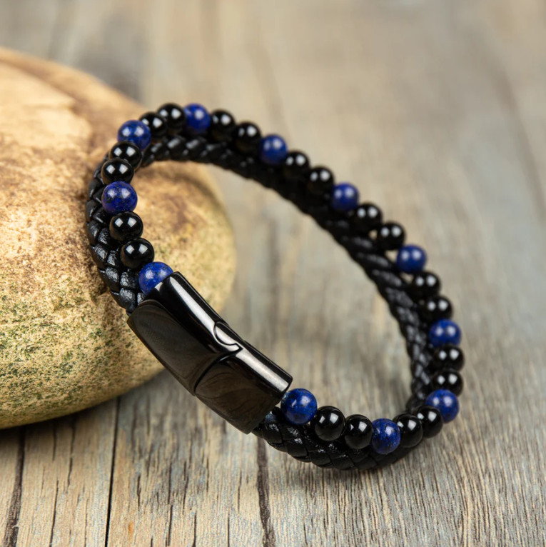 Genuine Lapis Lazuli Obsidian Men Leather Bracelet Healing Calming Reiki Crystal