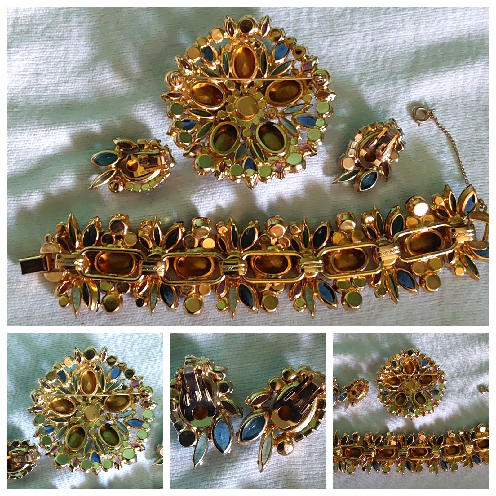 Juliana Rhinestone BRACELET BROOCH EARRING SET Book Pcs Watermelon Vitrail Rare