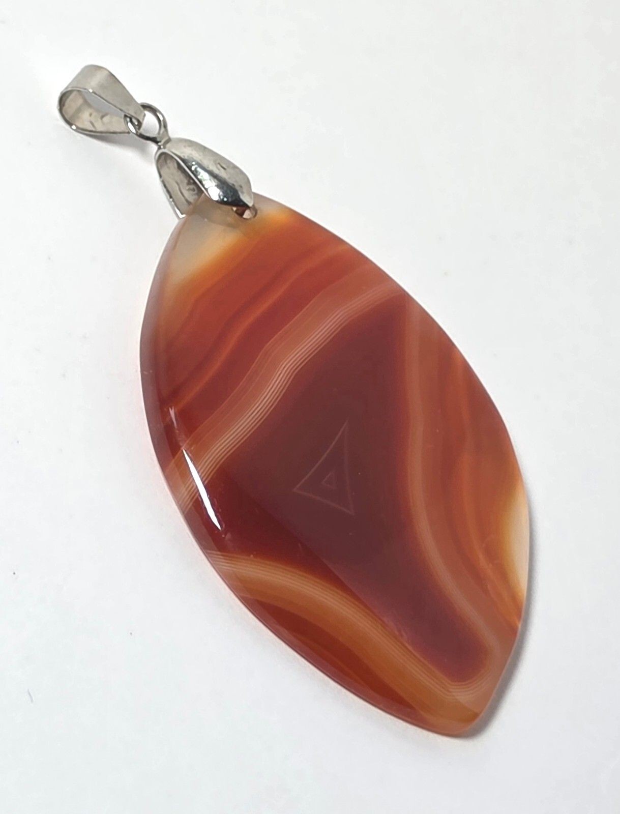Natural 2″ Banded Carnelian Agate Pendant Orange Red Silver Tone Bail