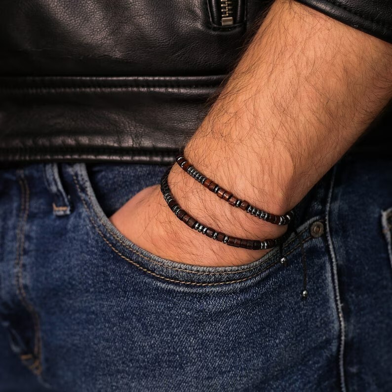 Morse Code Bracelet Hematite Wood Beads Gemstone Healing Bracelet for Women Men