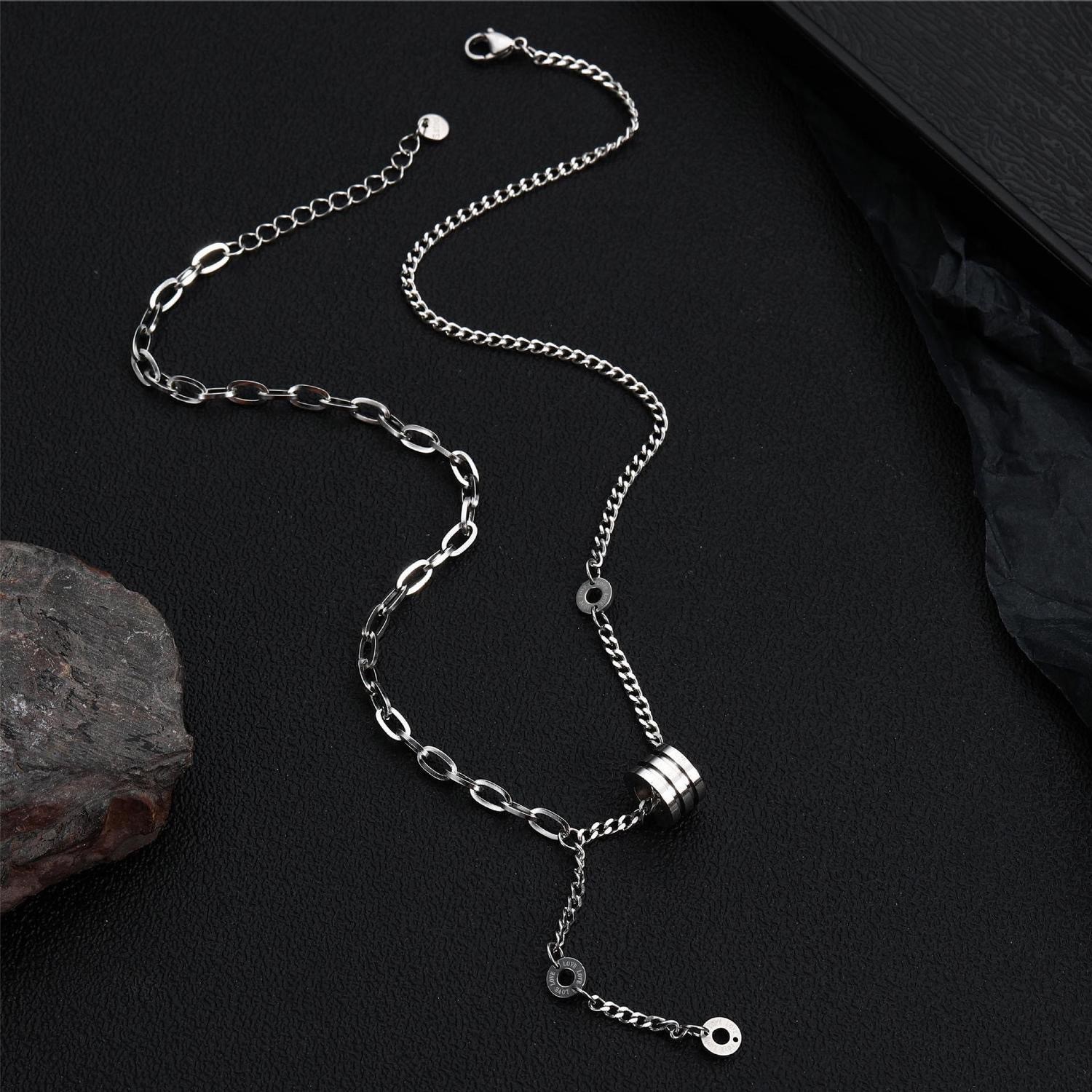 Bead Necklace Stainless Steel Silver Double Mixed Chain Unisex Basic Pendant