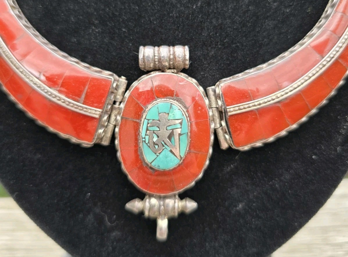 AUTHENTIC TIBETAN SILVER GARUDA COLLAR NECKLACE TURQUOISE CORAL BIB 107G 21.8 IN