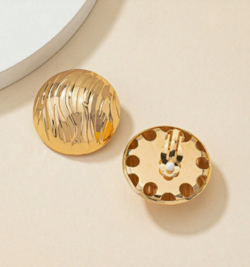 Gold Button Clip On Earrings Statement Light Chunky Textured Big Bold Hoop Dome