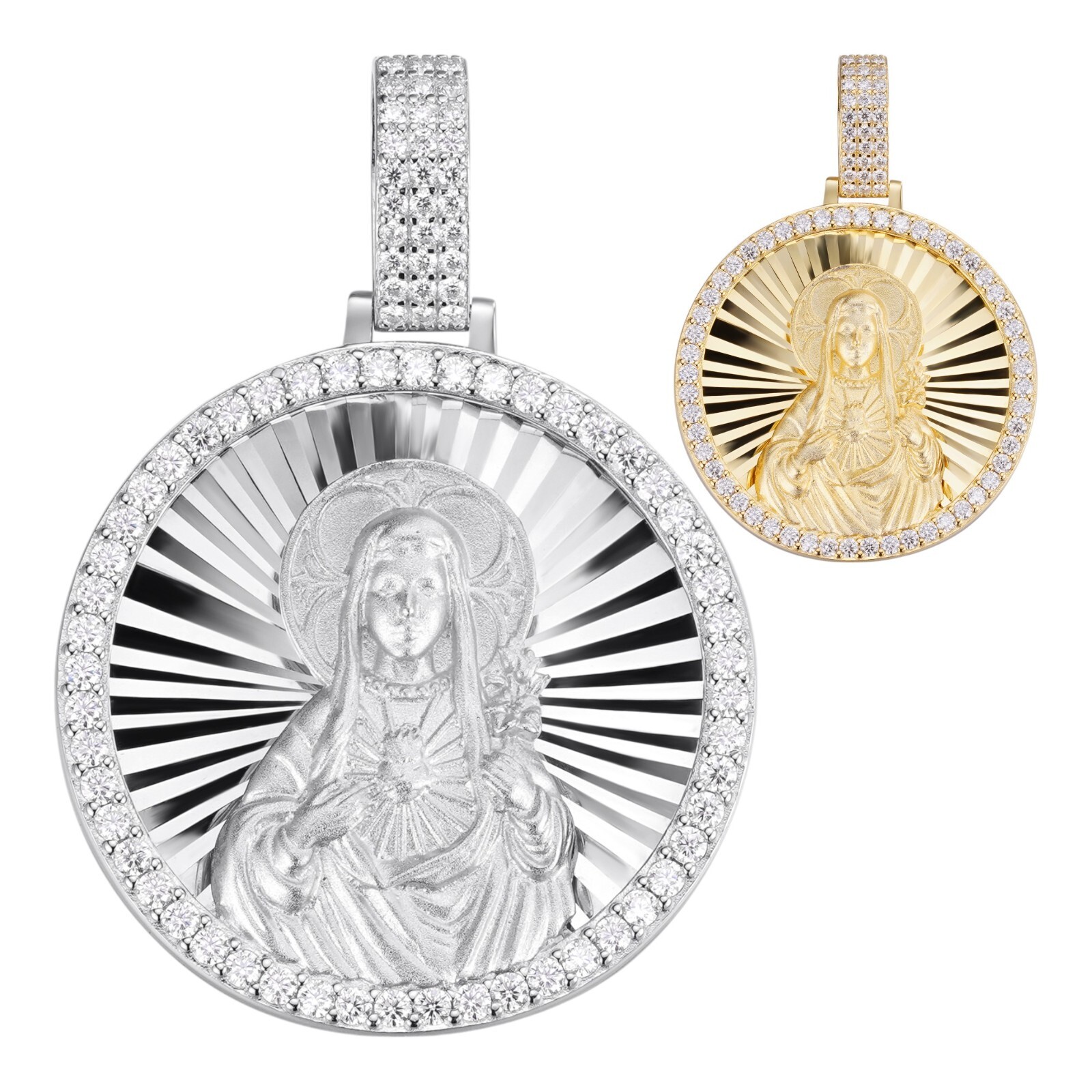 MOISSANITE Virgin Mary Round Medallion Pendant Real 925 Silver / Gold Necklace