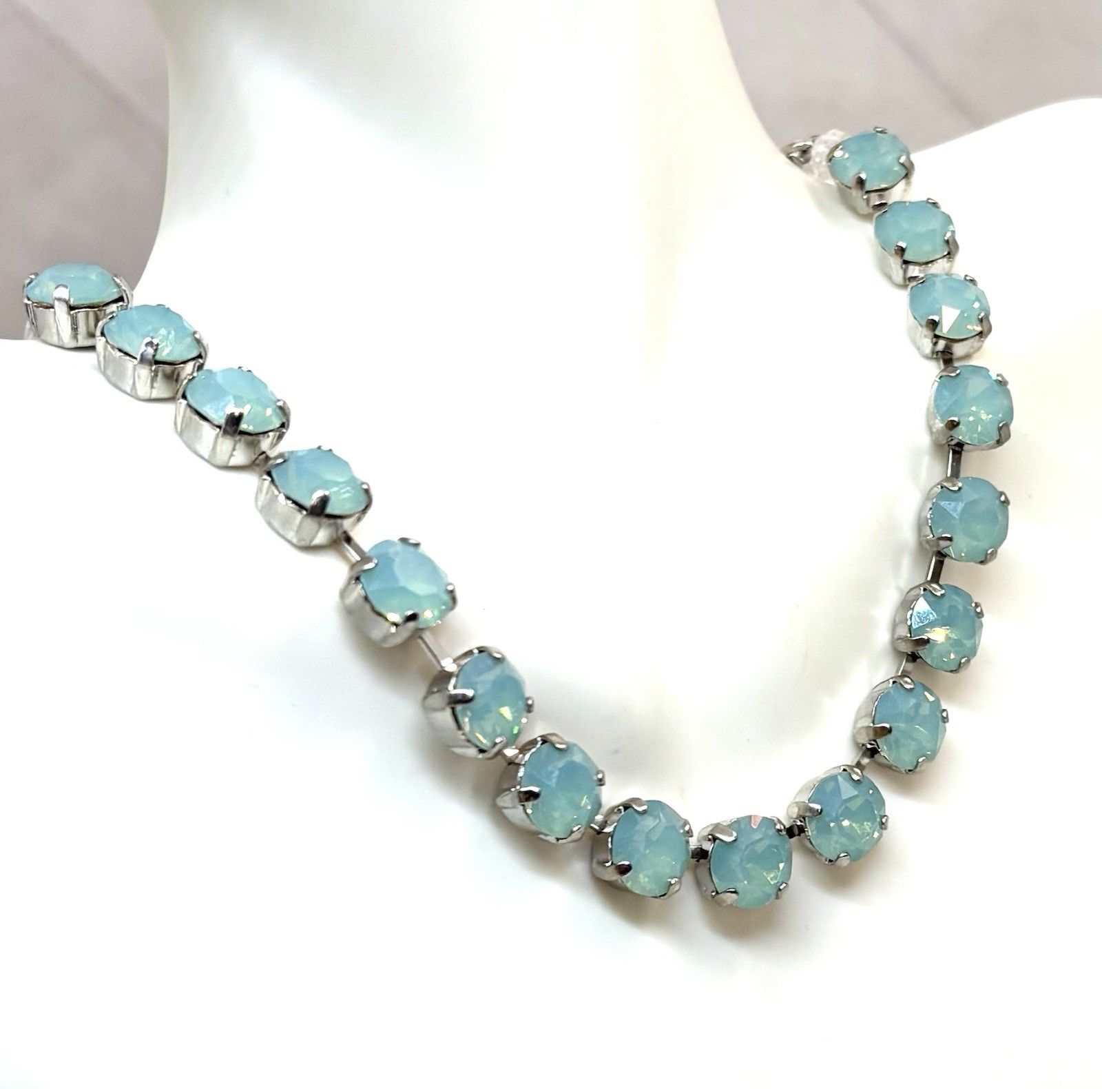 Rhodium Silver Plated Mint Green Pacific Opal Crystal Cup Chain Tennis Necklace