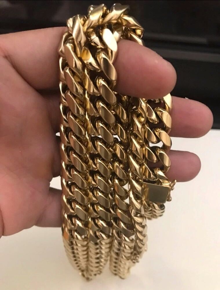 Men’s Miami Cuban Link Bracelet & Chain Combo Set Gold Plated Stainless Steel