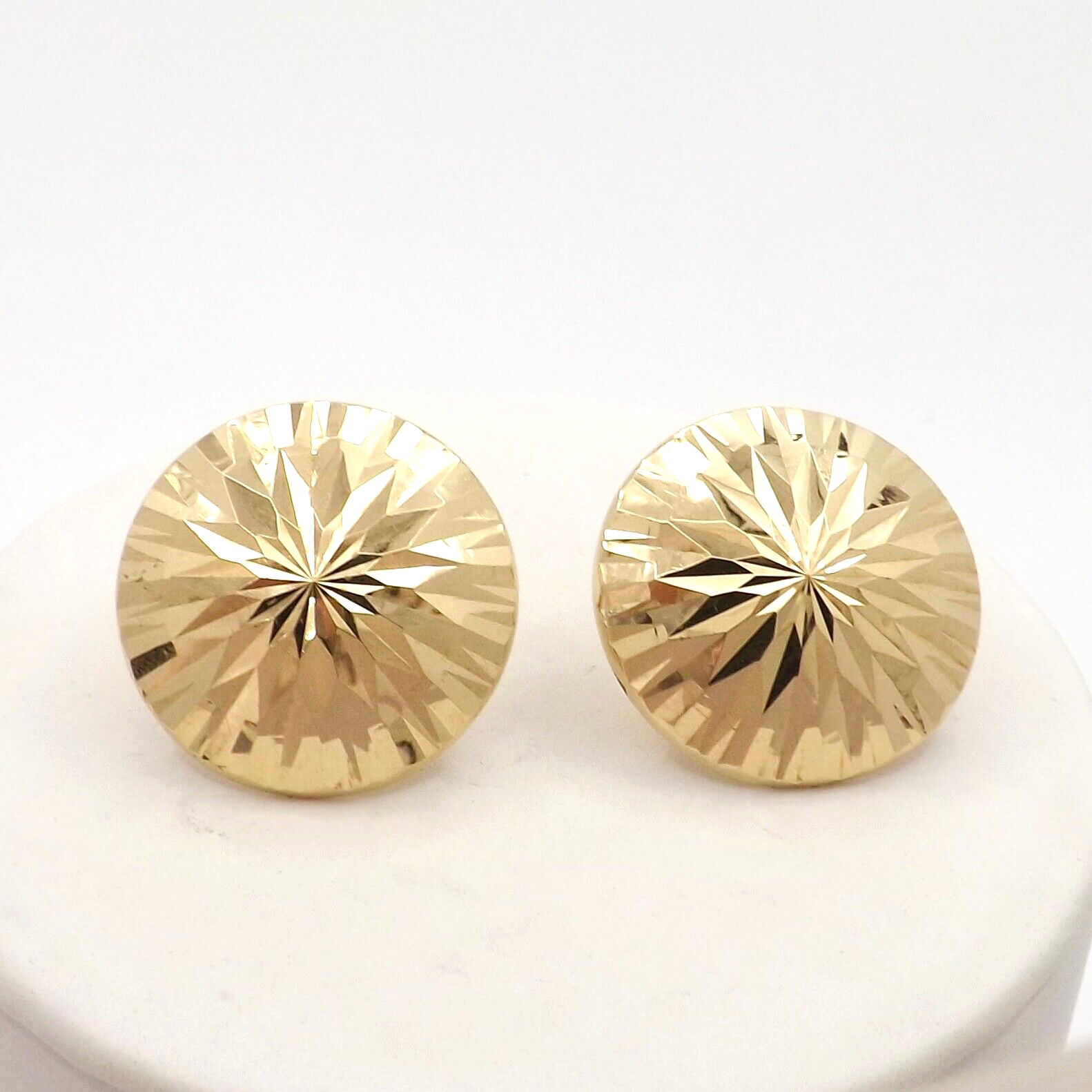 14k Gold Circle Disc Button Earrings Diamond Cut Disco Ball Sparkly