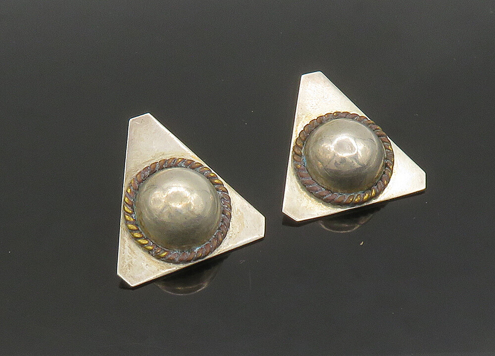 MEXICO 925 Sterling Silver Vintage Two Tone Twist Dome Drop Earrings EG11420