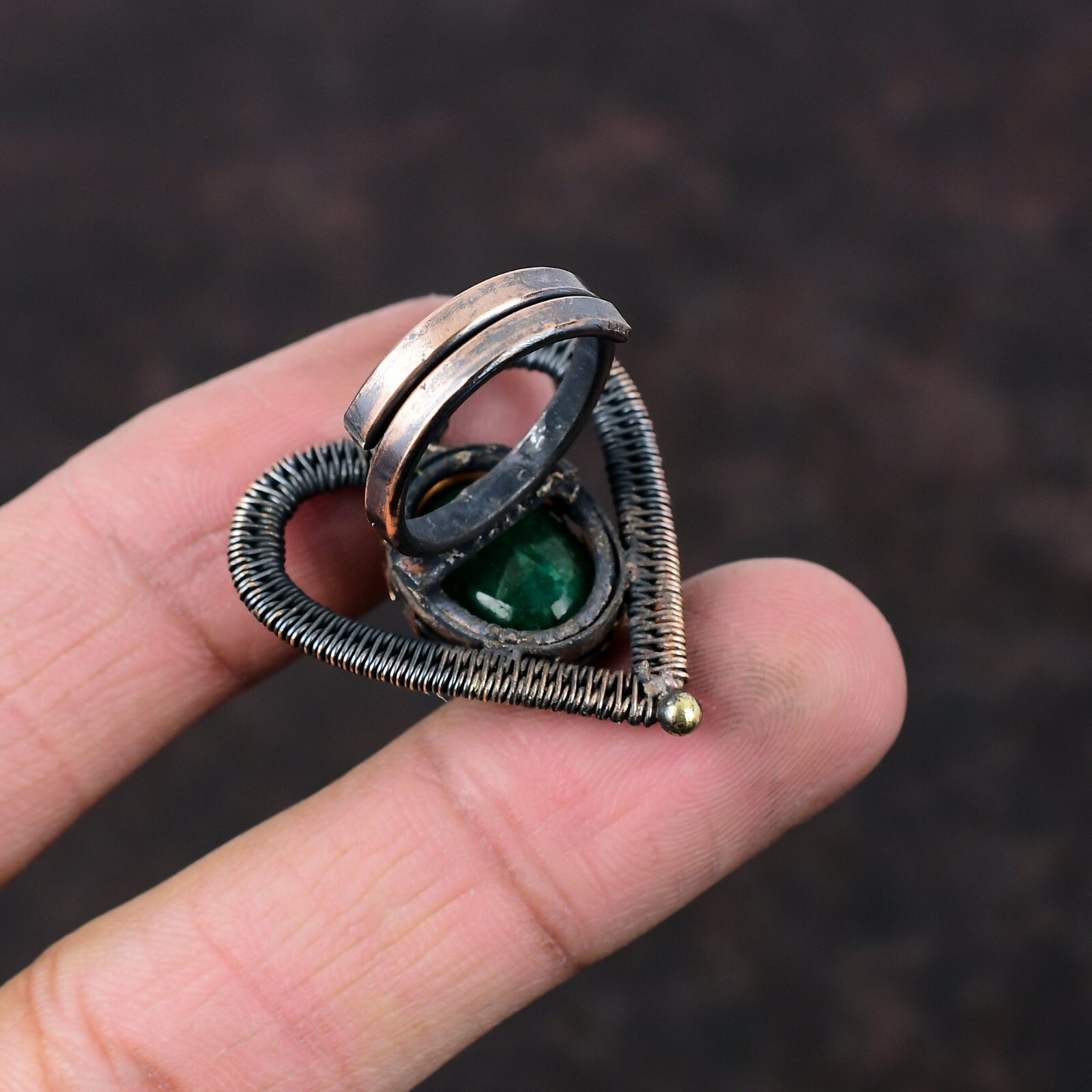 Valentines Deal Zambian Emrald Stone Copper Statement Wire Wrapped Ring Jewelry