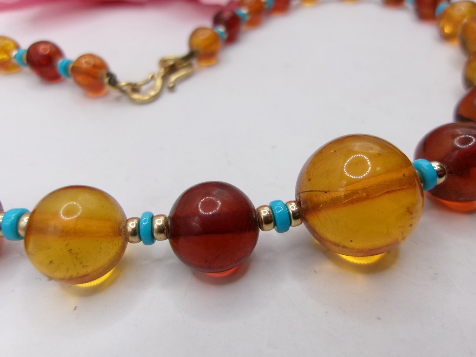 VTG WBE 18K Solid Gold S Hook Clasp on Baltic & Golden Amber Turquoise Necklace