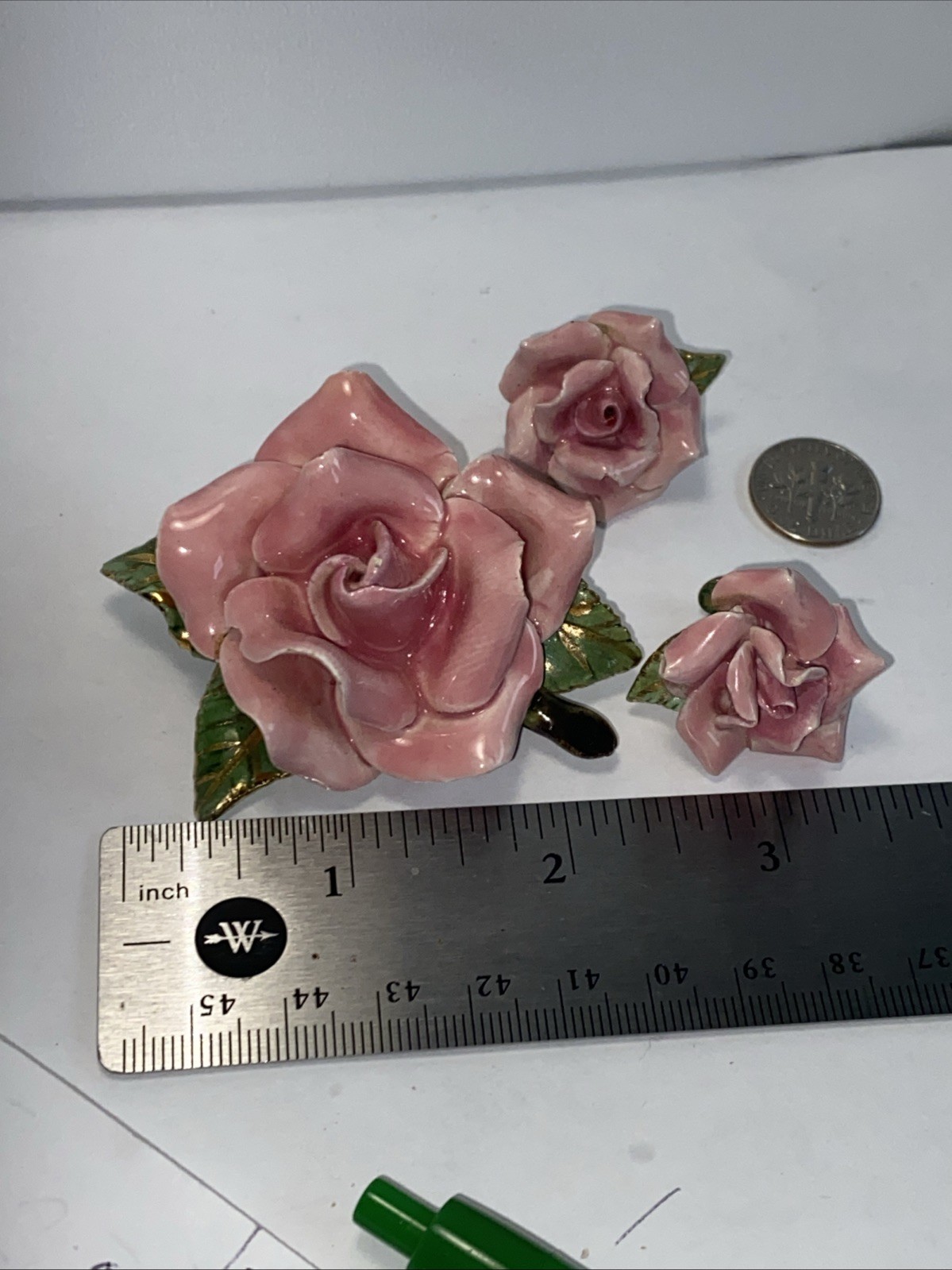 Vintage Ceramic Large Figural Pink Rose Enamel With Matching Earrings Set.