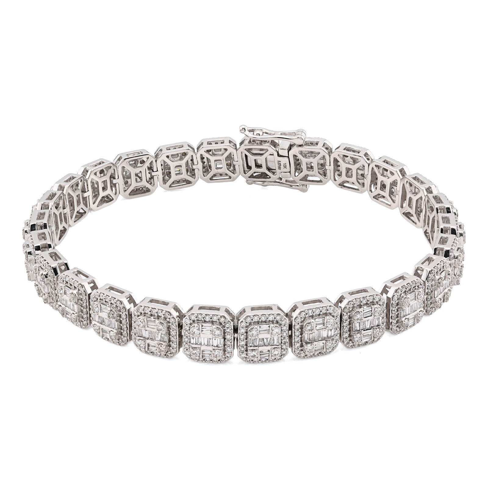 10k White Gold 8MM 31.7gms 5.67CTW Round/Baguette Diamond Square Tennis Bracelet