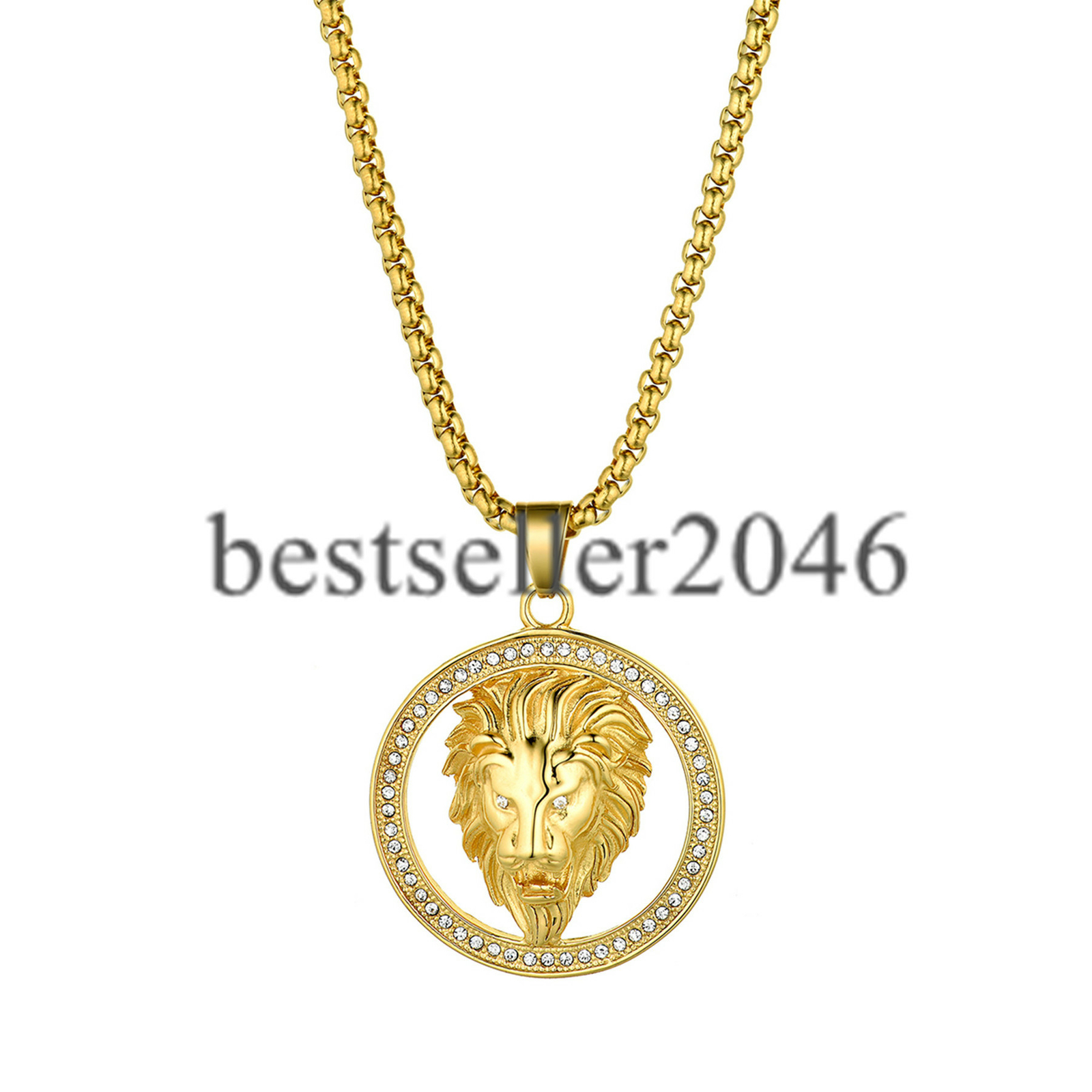 Men Hip Hop Punk Lion Head Rhinestone Pendant Stainless Steel Chain Necklace 22″