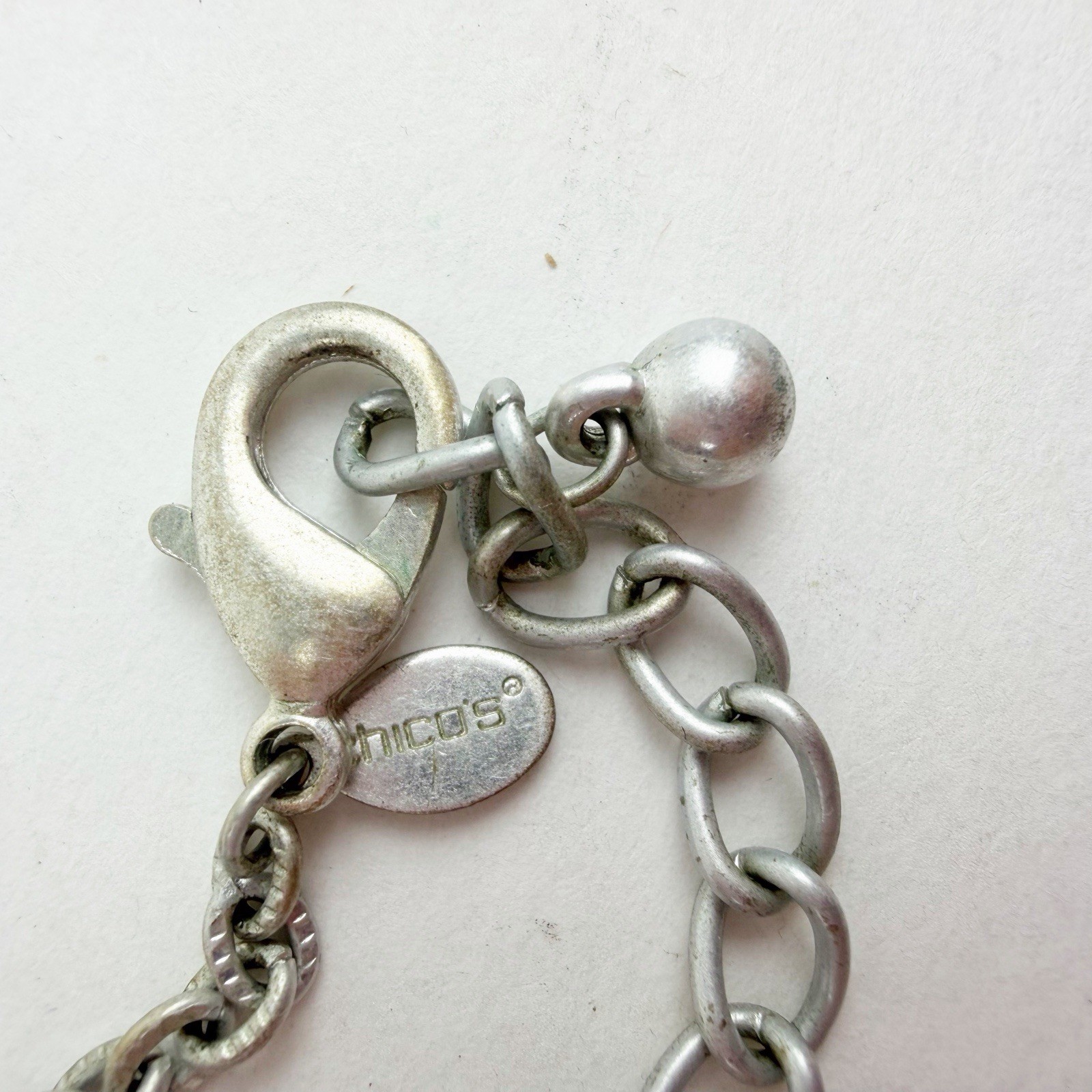 Chico’s Silver Long Geometric Necklace Brushed Textured Open Teardrop Circles