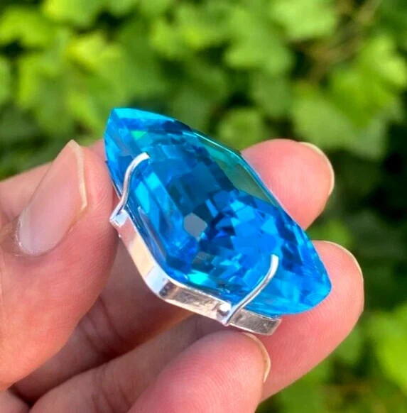 105 Ct Natural Blue Topaz Emerald Cut Certified 925 Solid Silver Pendant