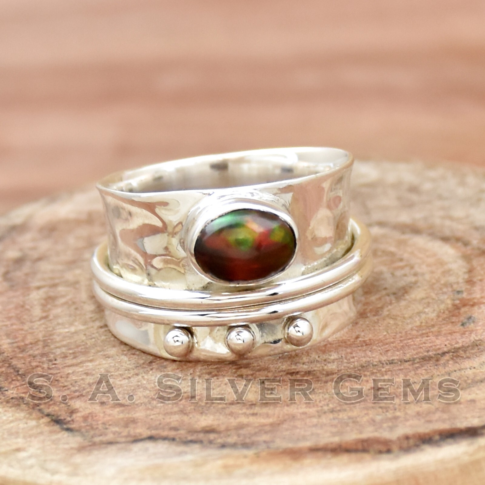 Black Opal Ring, 925 Sterling Silver, Spinner Ring, Dainty Ring, Birthday Gift