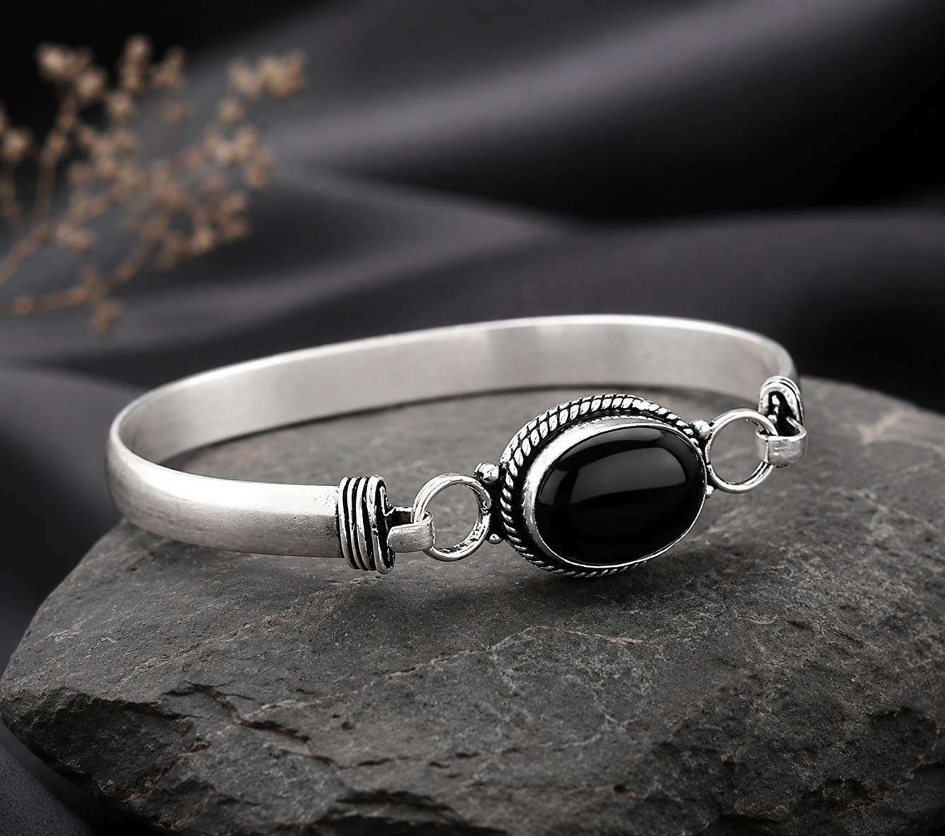 925 Sterling Silver Black Onyx Cuff Bangle Bracelet Handmade Oval Gemstone Gift