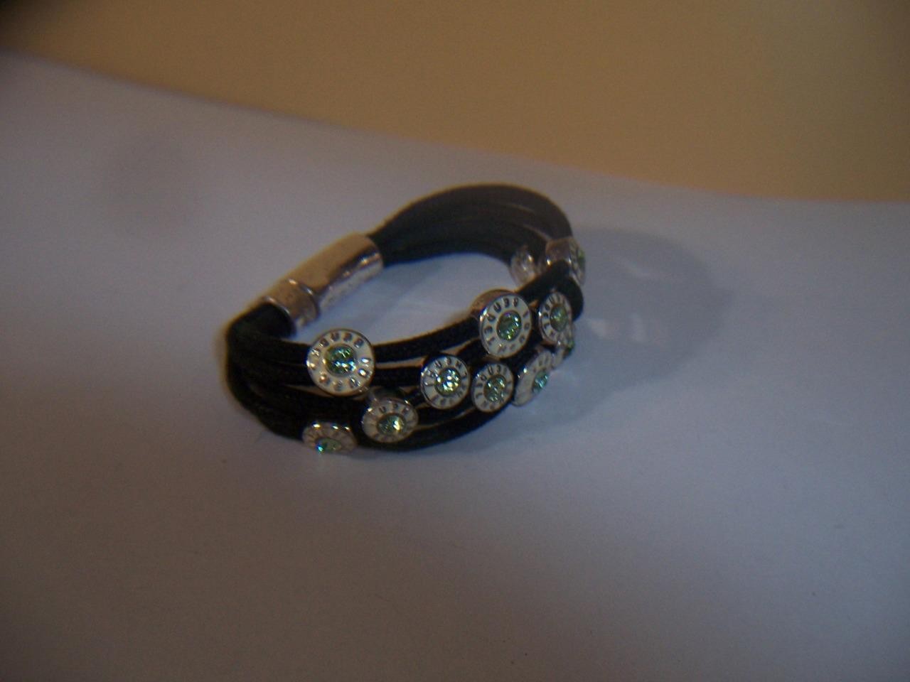 HENRI BENDEL BLACK CORD GREEN CRYSTAL SILVER TONE BRACELET 7 1/2 INCH