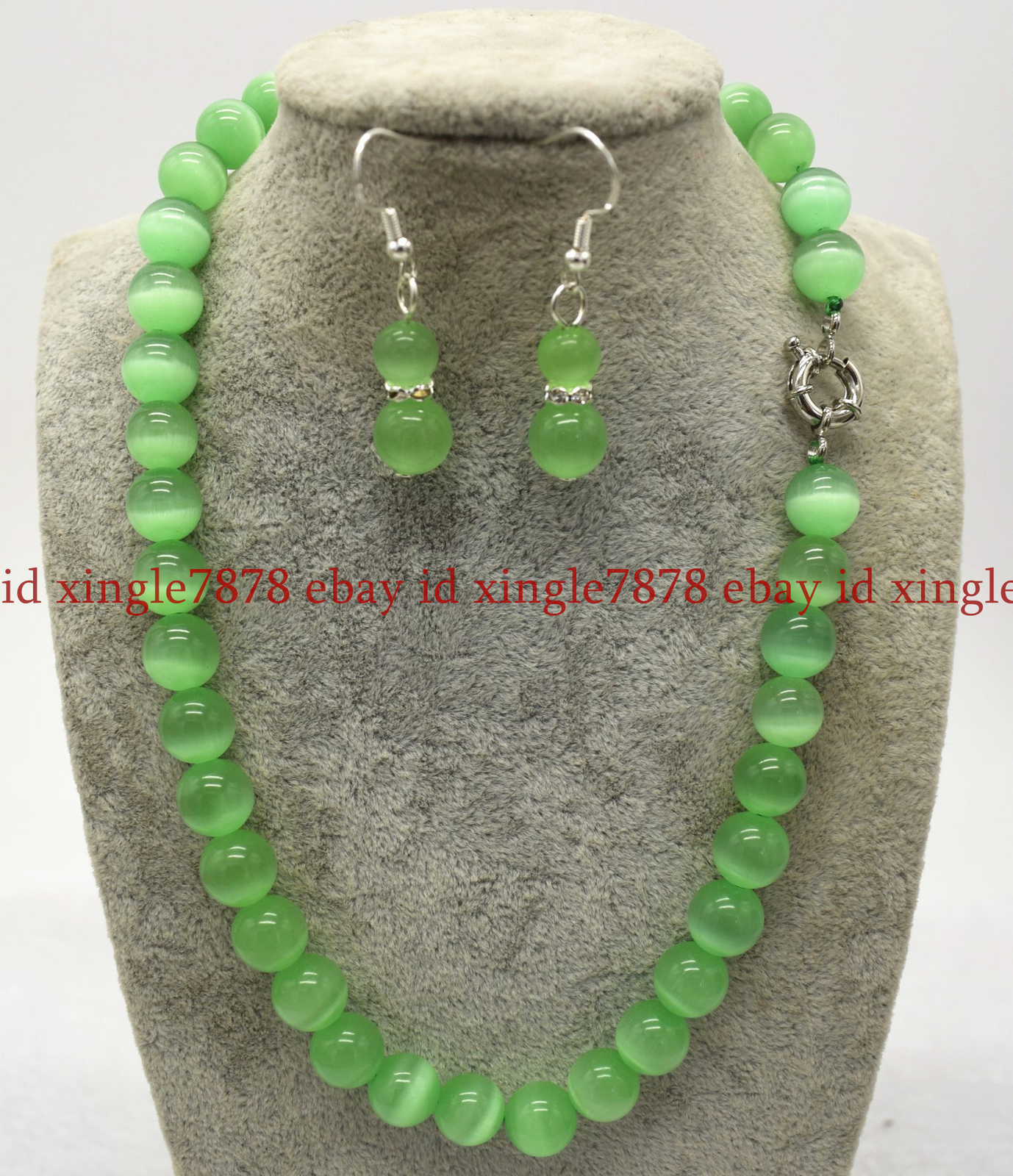 6/8/10mm Natural Light Green Opal Cat’s Eye Round Gems Necklace Earrings Set 20″
