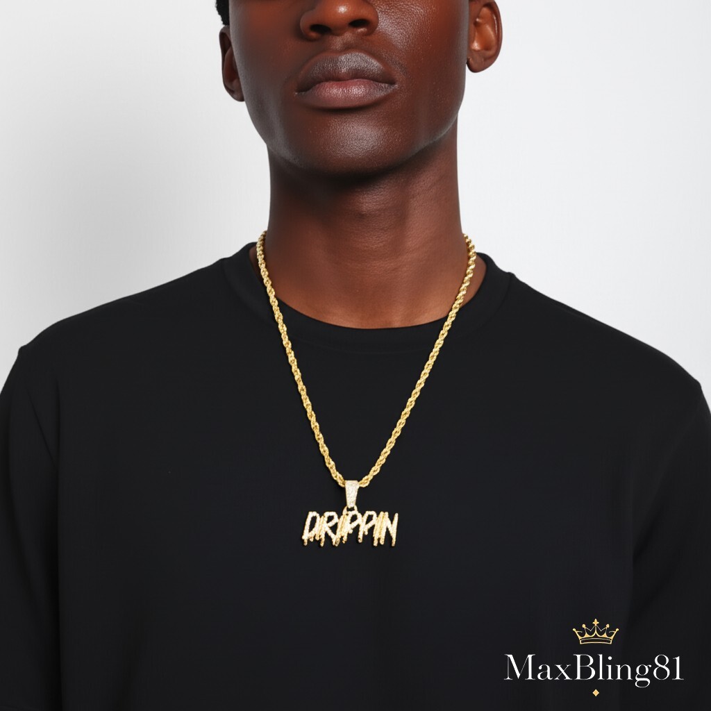 Iced Gold Plated DRIPPIN Letters CZ Pendant 4mm 24″ Rope Chain Hip Hop Necklace