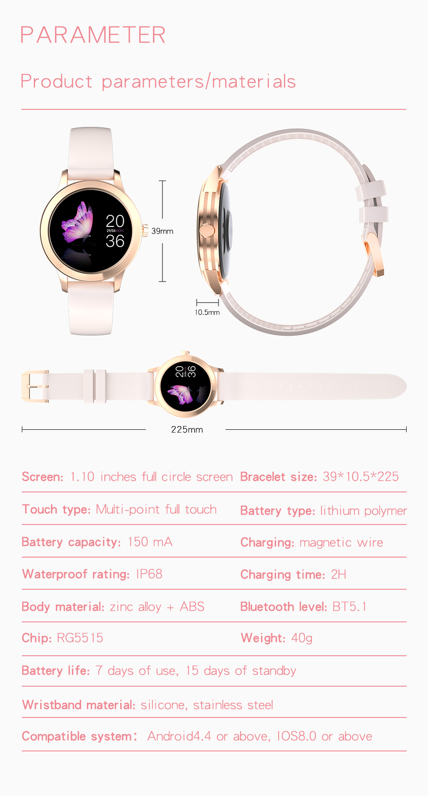 Women Girls Female Smartwatch Bluetooth Smart Watch Fitness Tracker Pedometer
