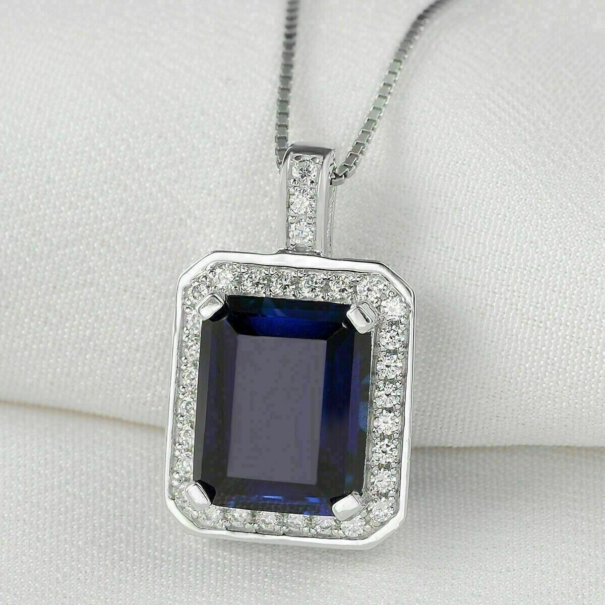 Sterling Silver Sapphire Blue Emerald-Cut Halo Pendant Necklace for Womens