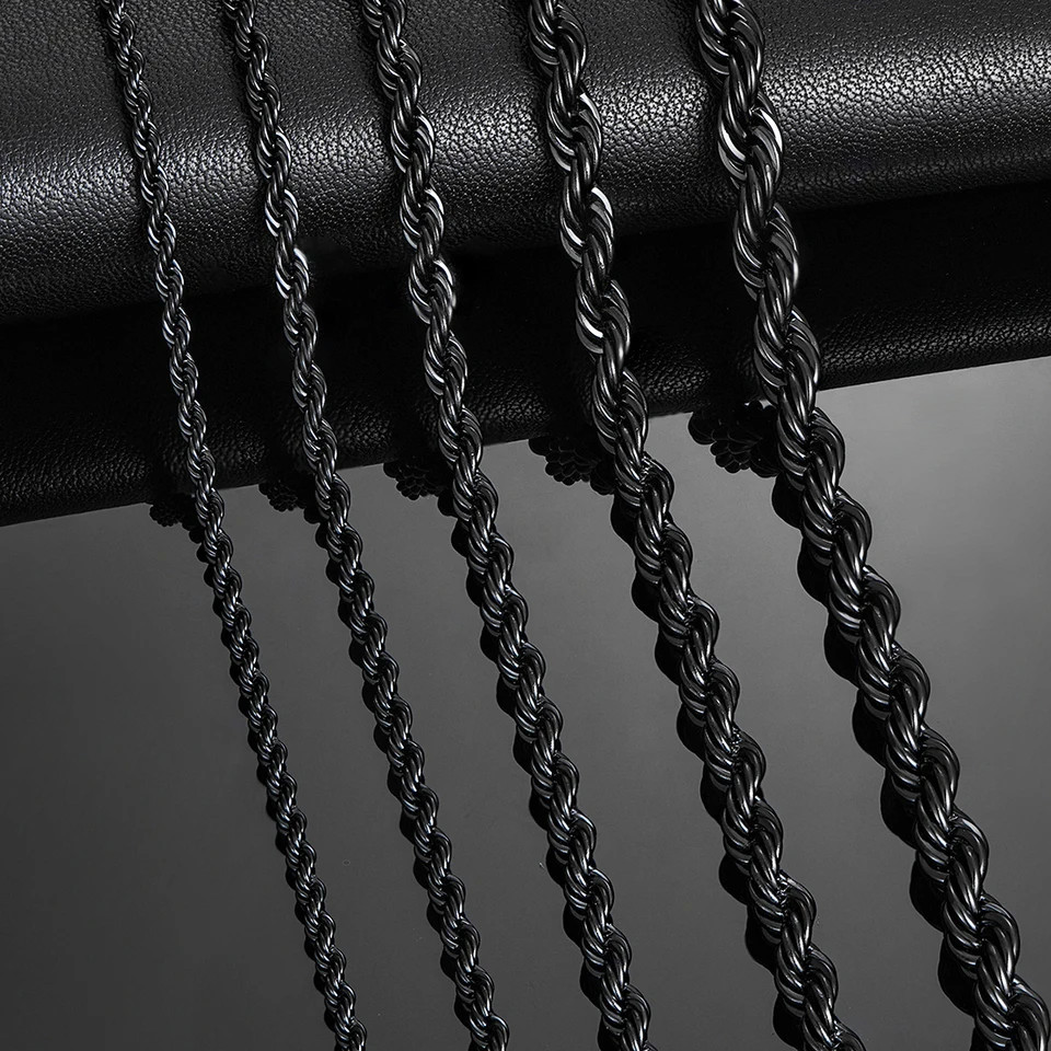 Stainless Steel Rope Chain Necklace Black Tone Men Twisted Modern Jewelry