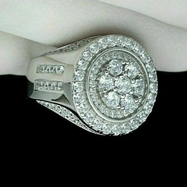 2Ct Round Lab Created Diamond Men’s Cluster Wedding Ring 14K White Gold Plated