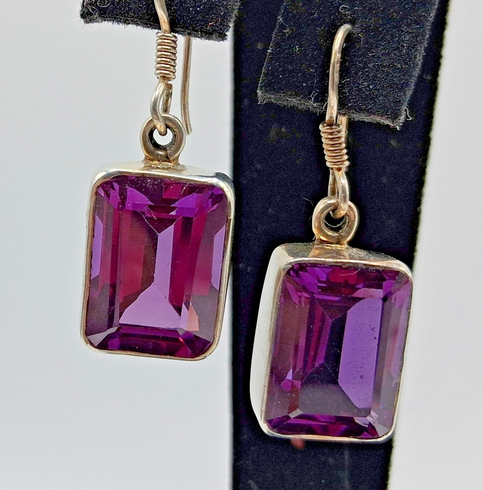 Vintage Pair Sterling Silver Lab Amethyst Drop Earrings 14mm x 9.7mm Stones
