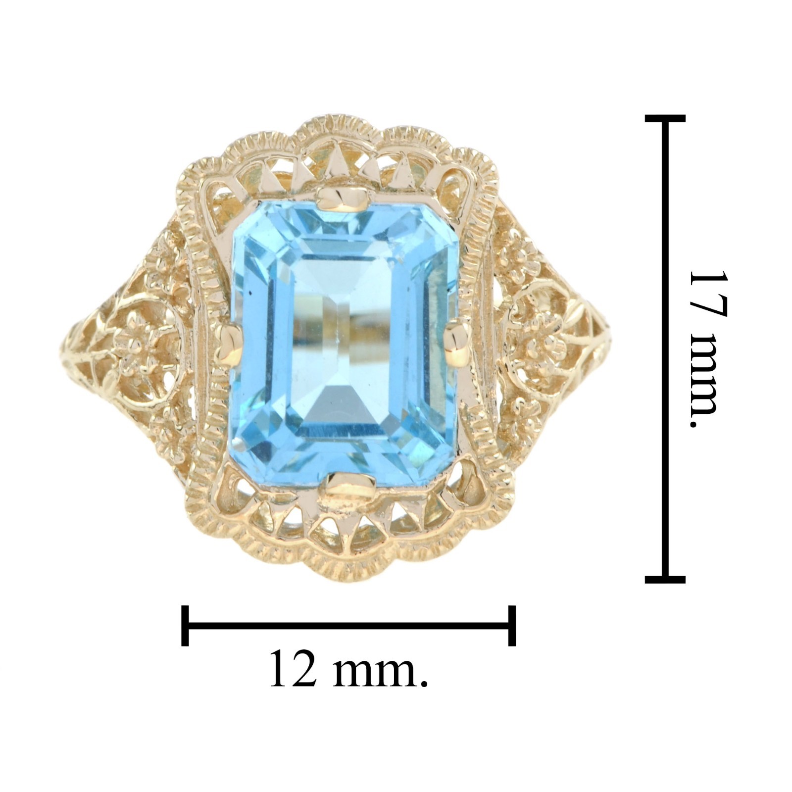 9K Yellow Gold Solid Blue Topaz Edwardian Style Filigree Cocktail Ring