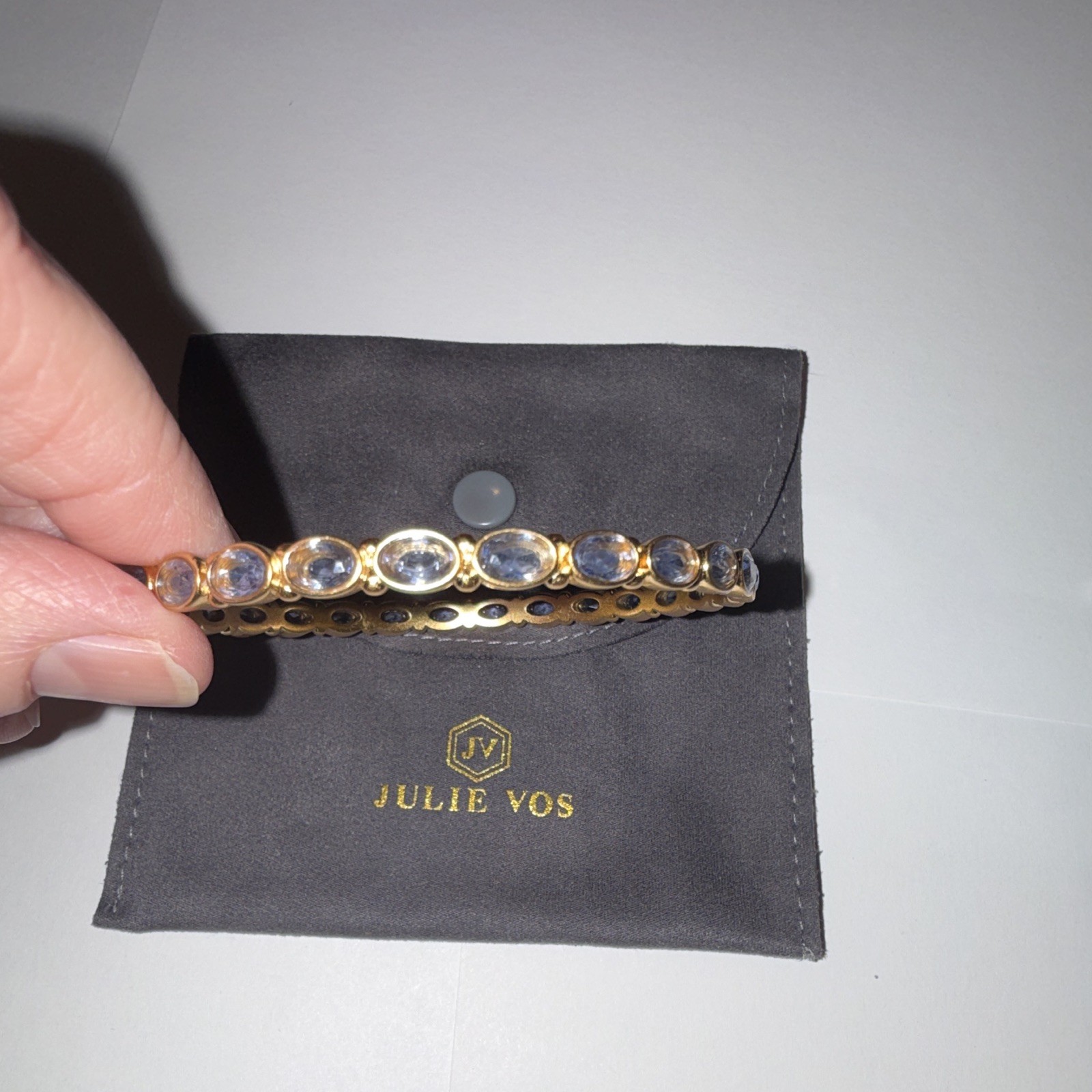 Julie Vos 24k Gold Overlay Bangle Bracelet Charcoal Blue Oval Stone