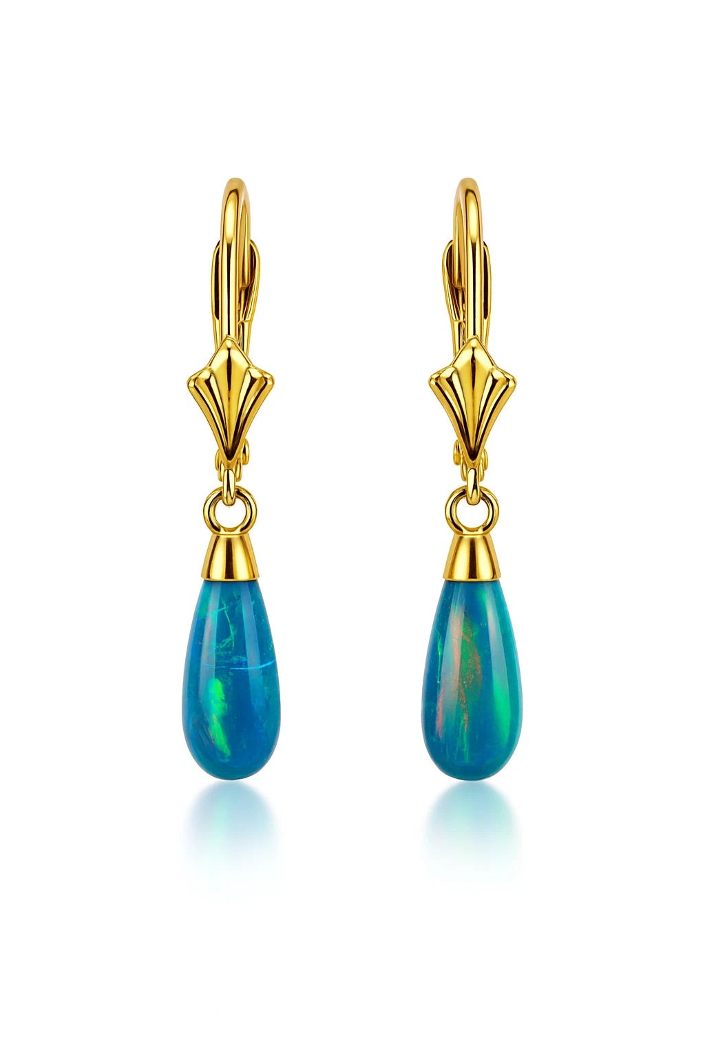 14k-Yellow and White Gold Dangle Green Opal Leverback Earrings