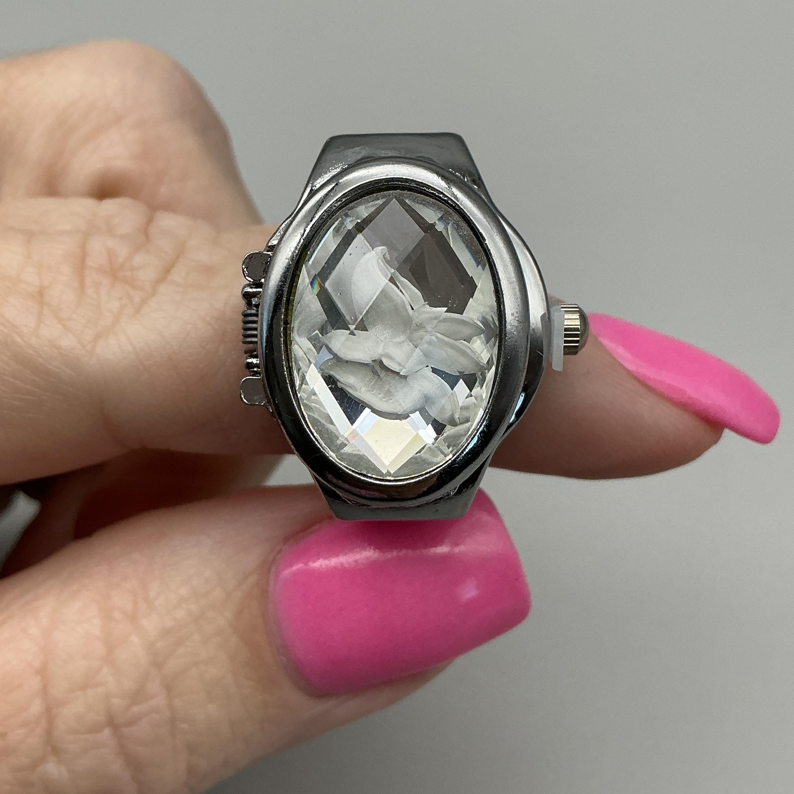 Bozhi Ring Watch Womens 20mm Hidden Dial Clear Crystal Floral New Battery