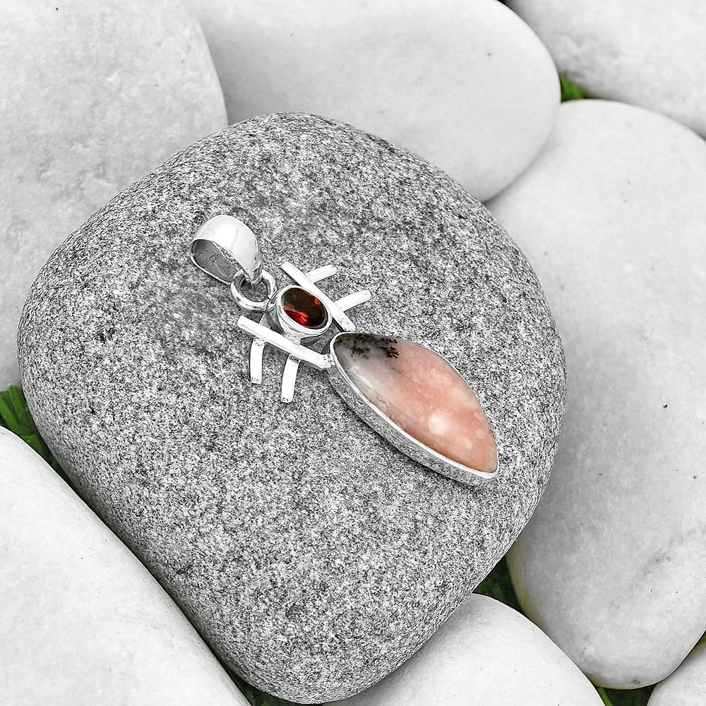 Natural Rhodonite & Garnet 925 Sterling Silver Pendant Jewelry P-1046