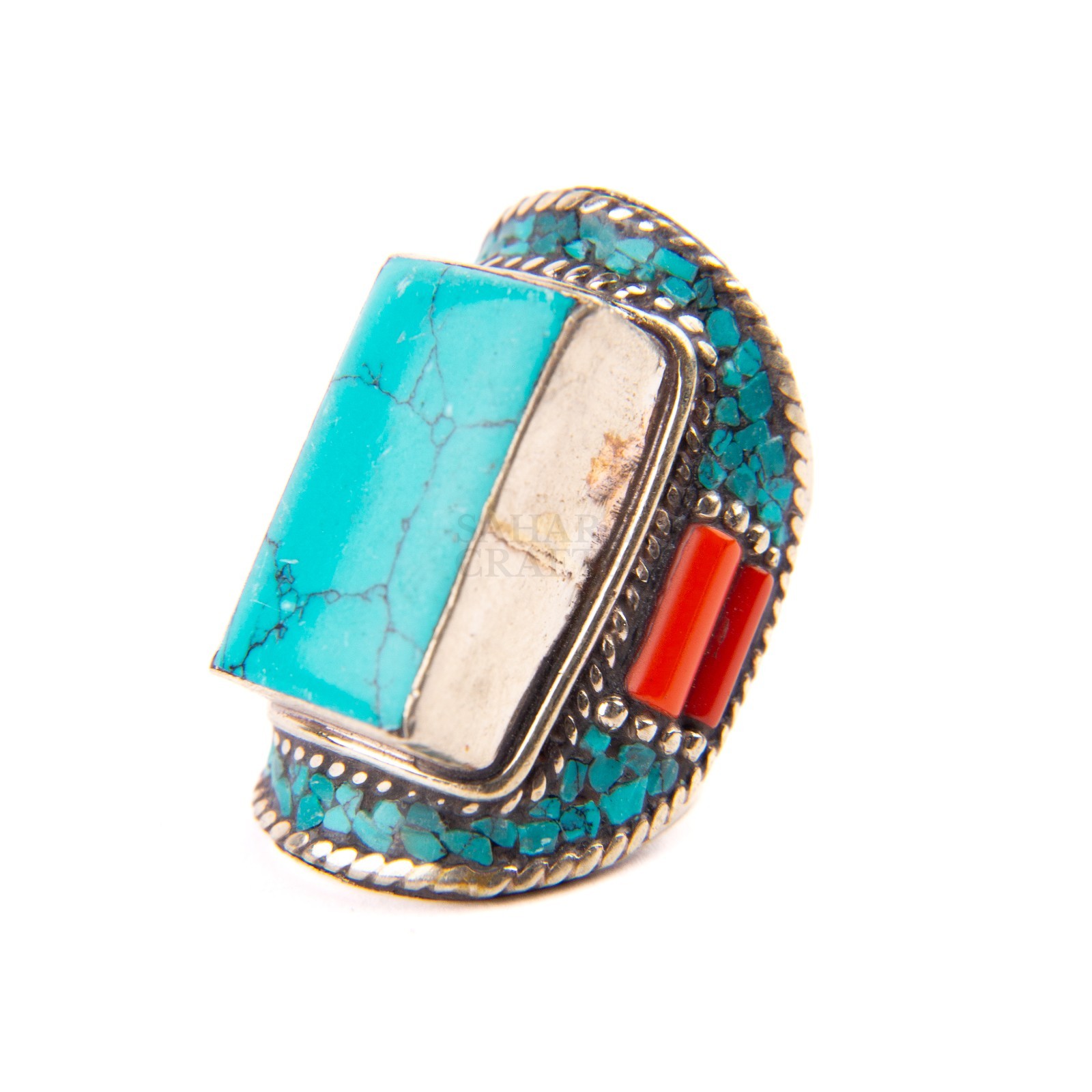 Tibetan Ring, Red Coral Turquoise Stone, Traditional Tibetan Bead Jewelry, US9.5