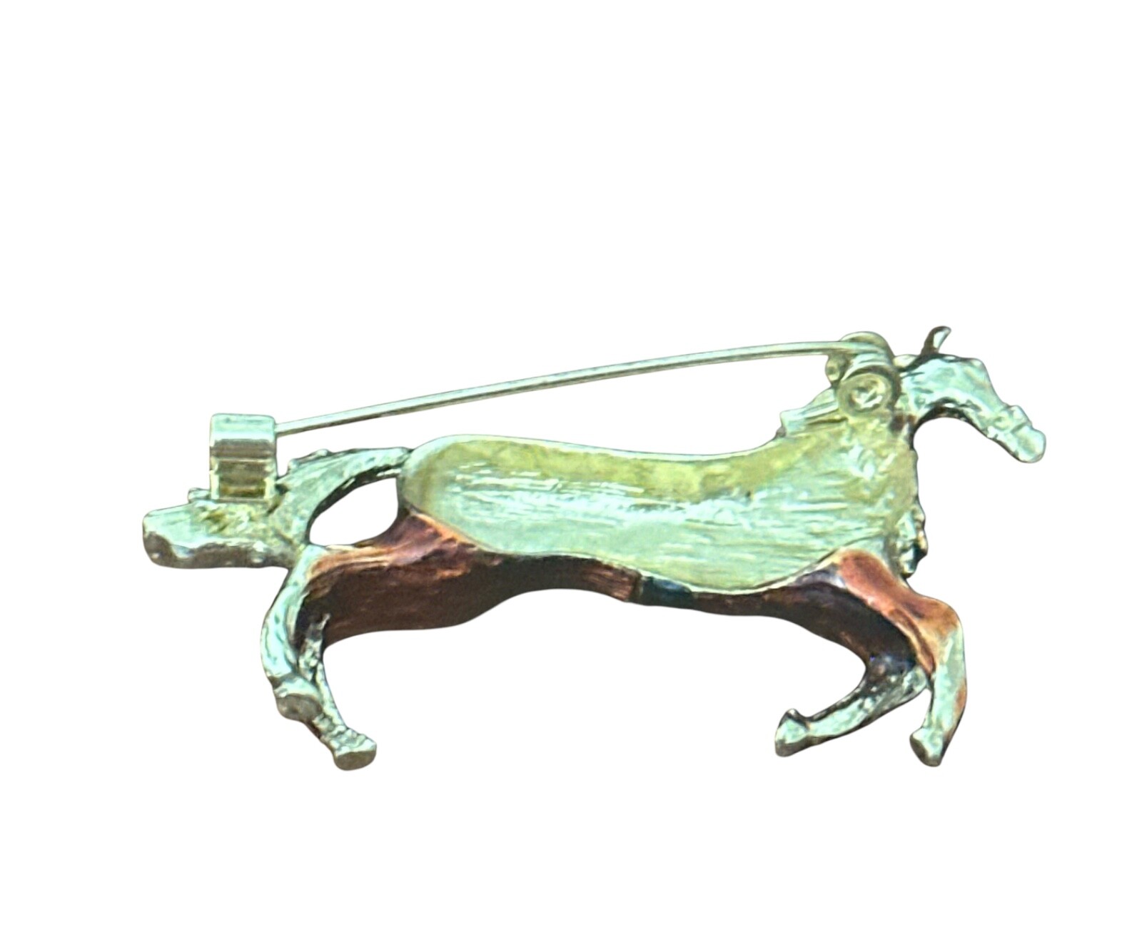 Pin/Brooch- HORSE with saddle- brown gold white- rhinestones