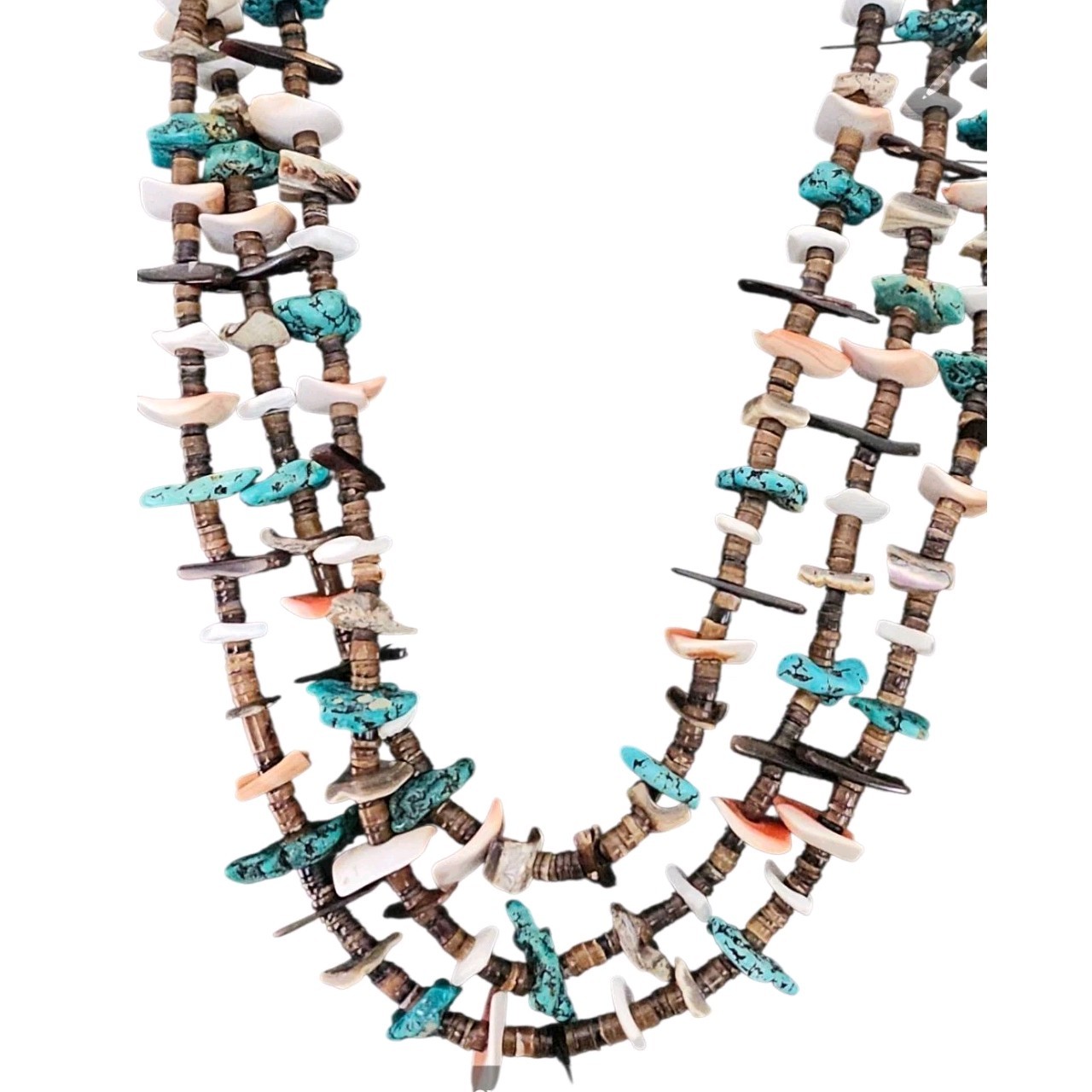 Santo Domingo Native American 3 strand Turquoise Shell Tab Necklace 32 In