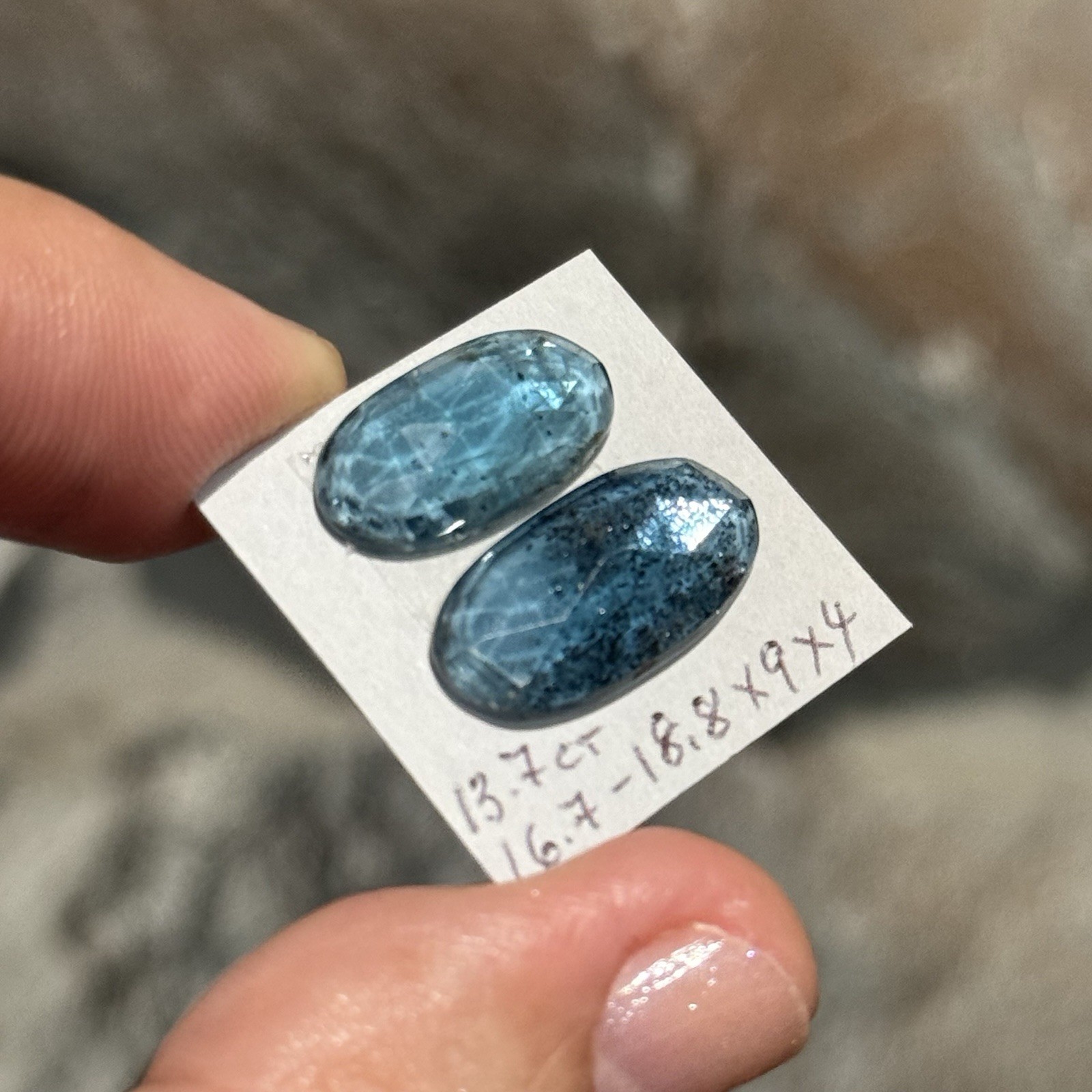 13.7ct 16.7-18.8x9x4mm Pair Teal Blue Faceted Moss Kyanite Oval Cabochon Gems